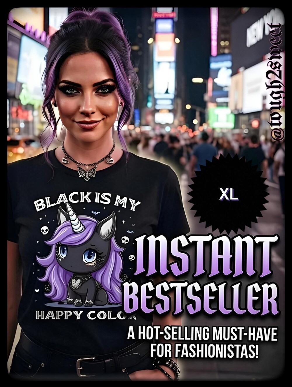🆕LAST 1💜🦄💜KAWAII GOTHIC UNICORN FANTASY T-SHIRT "BLACK IS MY HAPPY COLOR"